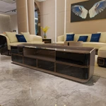 Modern Luxury TV Stand with Rounded Corner Design, High-Gloss Wood Finish and Gold-Framed Storage Compartments